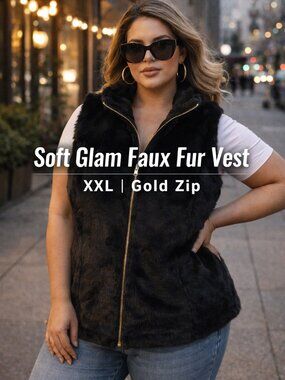Women’s Black Faux Fur Zip Vest 2X Gold Zipper Soft Glam Mob Wife Layering Piece